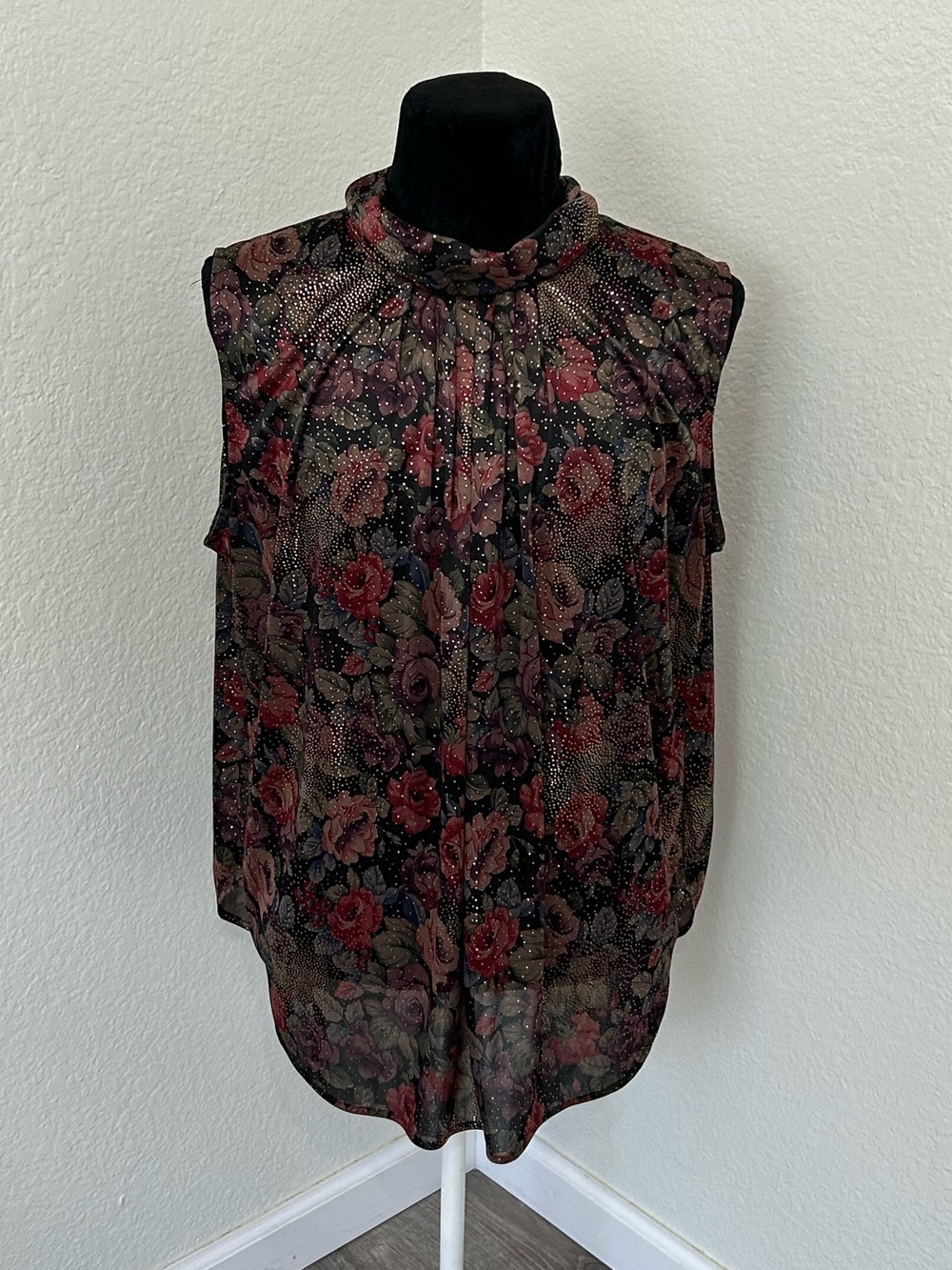 Sarah B Woman 1X Floral Sheer Blouse Gold Metallic Dot Mock Neck Top